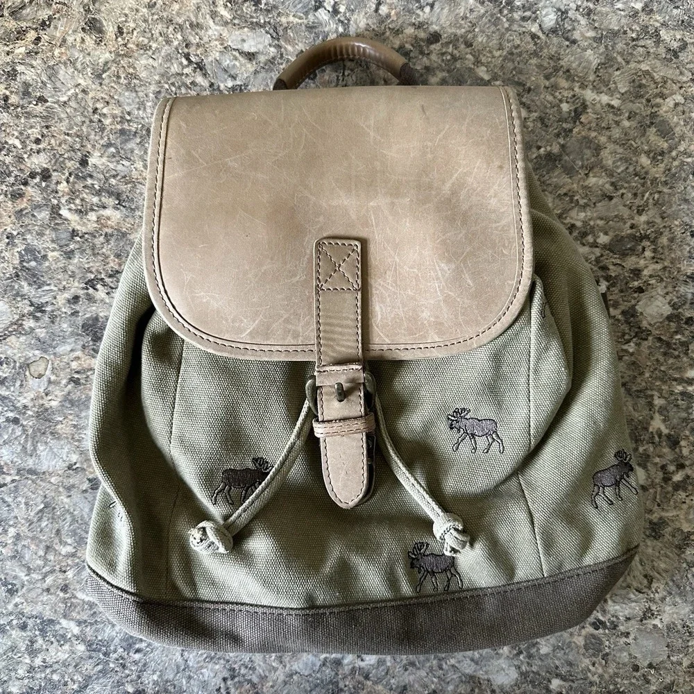 LL Bean Bag VTG Purse  Backpack— Embroidered Moose Sude Leather Adjustable Lock